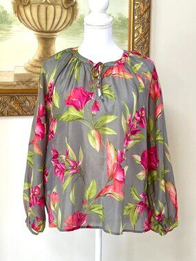 Tommy Bahama Agua Amara Lavish Blooms Peasant Long Sleeve Cotton Top Size S/P